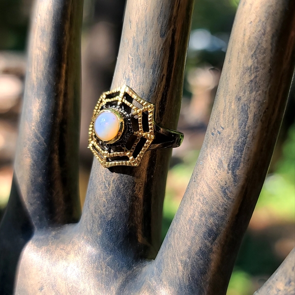 Fire Opal web 🕸 sterling rhodium & gold ring sz7.5 - Picture 4 of 5